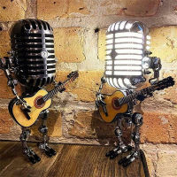 Vintage Microphone Robot Desk Lamp with Mini Guitar Touch Dimmer Lamp Metal Art USB Creative Fun Ornament Home Decor Christmas