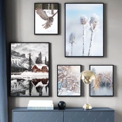 ฤดูหนาว Forest Snowy Mountain Lake Cabin Plant Wall Art ภาพวาดผ้าใบ Nordic โปสเตอร์และภาพพิมพ์ภาพพิมพ์ภาพสำหรับตกแต่งห้องนั่งเล่น