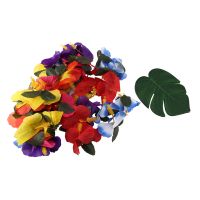 90Pcs Tropical Palm Leaves and Hibiscus Flowers, Artificial Leaves Plants Hibiscus Flowers Fete Deco, Hawaiian Party Jungle Beach