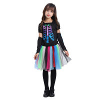 เด็กผู้หญิง Rainbow Skeleton Rock Puffy Dress ฮาโลวีน Funky Punky Bone เครื่องแต่งกายแฟนซี-ชุด Carnival Theme Party Cosplay