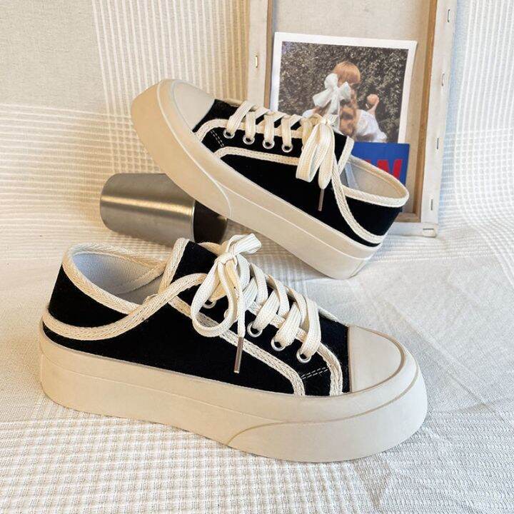 Giày Thể Thao Nữ Chất Liệu Vải Canvas, 2 Màu Đen Trắng Họa Tiết Bo Viền  2022, Cao 4-5Cm , Lù Store | Lazada.Vn