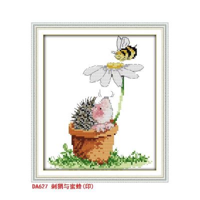 Hedgehog and bee cross stitch kit bird winter snow 18ct 14ct 11ct count printed embroidery e needlework craft  free ship Needlework