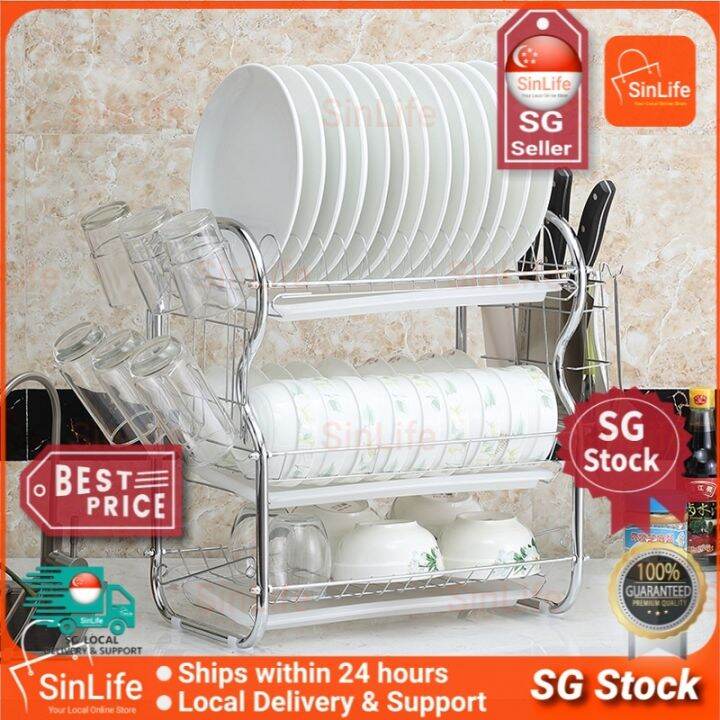 [SG Stock] 3 Tiers Dish Rack Stainless Steel Dish Drainer Rak Kitchen Organizer Storage Rack
