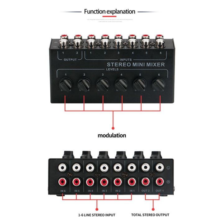 stereo-6-way-passive-mixer-mixer-controller-6-in-2-out-stereo-distributor-volume-control-no-battery-required