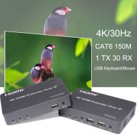 4K 150M KVM ตัวต่อขยาย HDMI Cat5e ผ่าน IP Rj45 Cat6สายเคเบิลอีเทอร์เน็ตรองรับหนึ่งเครื่องส่งสัญญาณไปยังเมาส์และคีย์บอร์ดหลายตัวรับสัญญาณ USB