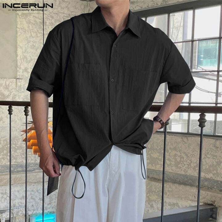 incerun-เสื้อเบลาส์เสื้อเชิ้ตที่มีน้ำหนักเบามีเชือกผูกสำหรับใส่สบายเก็บเอวผู้ชายแขนสั้น-สไตล์เกาหลี