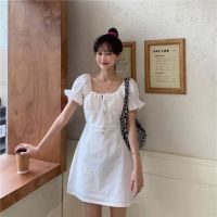 French retro square neck bubble sleeve white dress