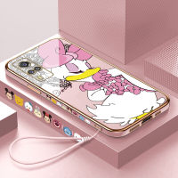 เคสใส่โทรศัพท์สำหรับ Vivo Y36 Y36 5G Y51 Y50 2020 Y51A 2021 Y52 5G Y53S 5G ฟรีสายคล้อง4G + ลายขอบสี่เหลี่ยมเป็ดเดซี่เคสชุบเคสโทรศัพท์เคสโทรศัพท์นิ่มสุดหรู