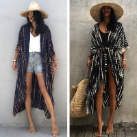 ➦ ชุดบิกินีฤดูร้อนปกคลุมผู้หญิง R ลาย Belted Cardigan Beach ขนาดพิเศษกิโมโนคาฟตันชุดเดรสแม็กซี่ชุดว่ายน้ำเดินชายหาดที่คลุม Ups