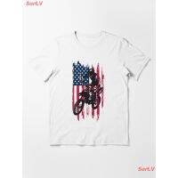 รถจักรยานยนต์ Vintage Patriotic Dirt Bike Motocross USA American Flag Essential T-Shirt เสื้อยืดพิมพ์ลาย เสื้อยืดคู่รัก  6YG3