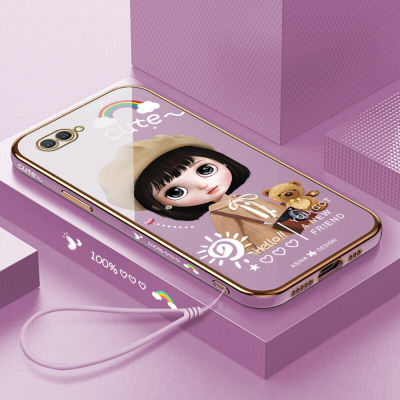 (คลังสินค้าพร้อม) เคสเคสมือถือสำหรับ OPPO A7 / A5S พร้อมฟรีสายคล้อง + การ์ตูนสาวน่ารักชุบเคลือบขอบสี่เหลี่ยมฝาหลังนิ่ม