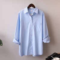 Syiwidii Women Shirts Long Sleeve Blouse Side Split Button Up Shirt Pocket Office Ladies Long Oversized Cotton Tops White Blue