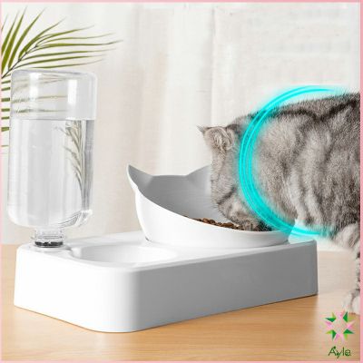 Ayla ถ้วยข้าวน้องแมว มาพร้อมที่ให้น้ำอัตโนมัต 2 in 1  ชามทรงหน้าน้องแมวสีทึบ สวยงาม Cat bowl