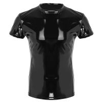 Mens Wetlook Elastic Tops Punk แฟชั่นเสื้อผ้าหนัง Faux ชายเสื้อยืด Night Parties Clubwear เครื่องแต่งกายแสดงกล้ามเนื้อ T-Shirt