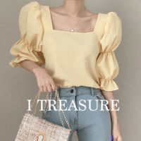 Korean French style square neck top puff sleeve chiffon shirt women MSBN318