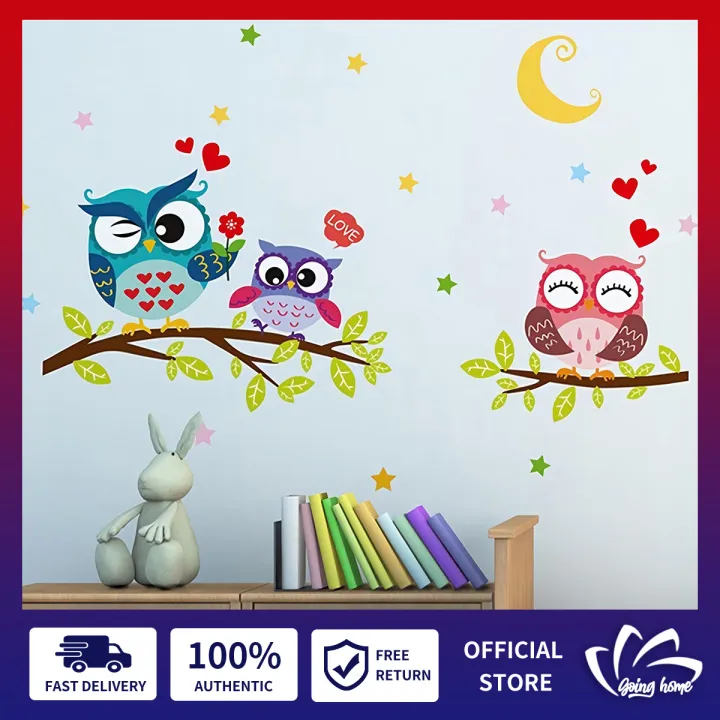 Wall Stickers Decals Cartoon Owl Vinyl Wallpaper Decoration Night Moon Star  Sky Wall Sticker Love Family