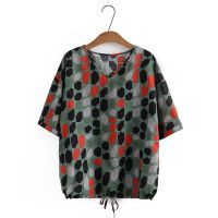 【มีไซส์ใหญ่】Plus Size Womens V-neck Cute Printed Summer Shirts Oversized Cotton&amp;Linen Female Tops Large Size Short Sleeve Top