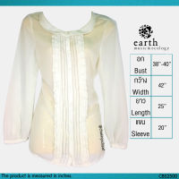 USED Earth Music &amp; Ecology - Sheer Cream Ruffle Top | เสื้อแขนยาวสีครีม เสื้อคอบัว เสื้อซีทรู ระบาย ตีเกล็ด สีพื้น ทำงาน สาวอวบ แท้ มือสอง