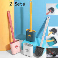 2 Sets Toilet Brush Water Leak Proof With base Silicone WC Flat Head Flexible Soft Bristles Quick Drying Holder Set For Toilet