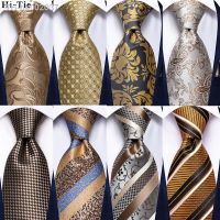 ™☑ Hi-Tie Champagne Gold Striped Paisley Solid Men Silk Wedding Tie Fashion Design Necktie For Men Hanky Cufflink Business Party