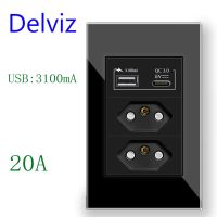 Delviz 20A Electric plug Wall Socket 3A USB Ports120mmx72mm Crystal glass PanelBrazil Standard Type C USB Quick charge Outlet