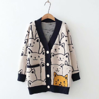 Fashion Cartoon V-neck Cardigan Sweater Women 2021 Autumn Winter New Cute Cat Retro Professional Long-sleeved Knitted Coat