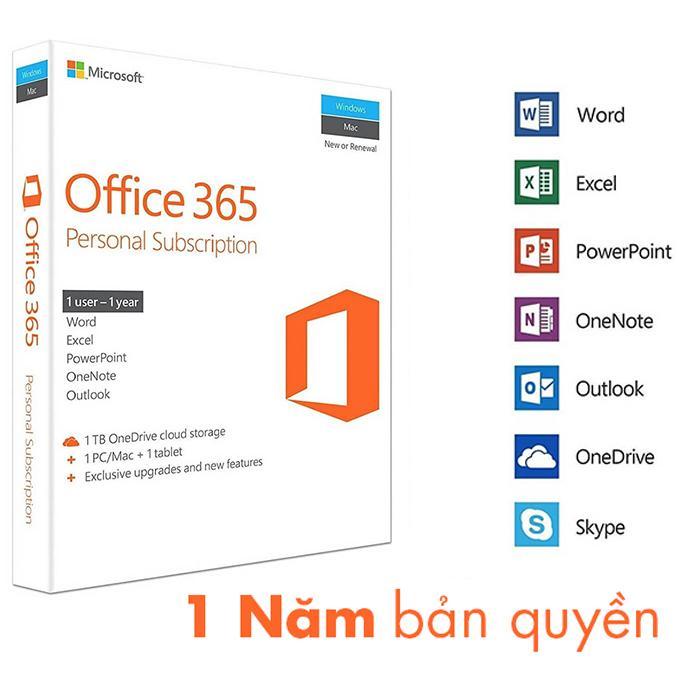 Phần mềm văn phòng Microsoft Office 365 Personal 32/64bit bản quyền 1 năm/  1 user dùng cho 3 thiết bị Win/Mac, máy tính bảng, điện thoại 
