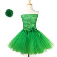 Lovely Girls Green Tutu Dress Baby Crochet Corset Tulle Dress with Ribbon Bow Flower Hairclip Kids Christmas Party Costume Dress