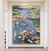 Famous Monet Hand-Painted Oil Paintings Abstract Flower Water Lily Lake View Purple Canvas Painting Living Room Decoration Mural