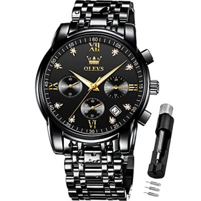 OLEVS Mens Watches Chronograph Business Dress Quartz Stainless Steel Waterproof Luminous Date Wrist Watch all balck