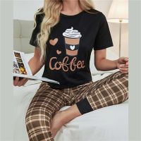 2023Spring and Autumn Cotton Pajamas Womens Short Sleeve Two-piece Set Plaid Sweet and Cute Ins Style Homewear Suit