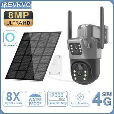 EVKVO 8MP 4K Dual Len 4G ซิมการ์ดแบตเตอรี่พลังงานแสงอาทิตย์ Wifi PTZ กล้องวงจรปิด Alexa ชาร์จได้ PIR ตรวจจับการเคลื่อนไหวของมนุษย์ไร้สายกันน้ำกลางแจ้งกล้องกล้องรักษาความปลอดภัย CCTV ที่บ้าน