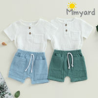 Mmyard ชุดเด็กชายฤดูร้อน2ชิ้น,เสื้อดาวน์กระดุมแขนสั้นมีกระเป๋า + กางเกงขาสั้นเสื้อผ้าเด็กวัยหัดเดิน