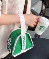 กระเป๋าถือคล้องมือ ลายSTARBUCKS ขนาดกระทัดรัด สีเขียว /ครีม