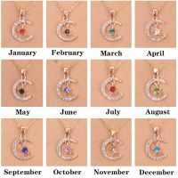 Fashion Moon Star Necklaces For Women 12 Months Crystal Birthstone Pendant Chain Men Trendy Birthday Party Jewelry Gift