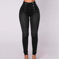 New-style womens jeans double-breasted slim stretch trousers, high-waisted double-breasted chaps pencil pants