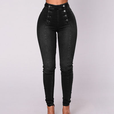 New-style womens jeans double-breasted slim stretch trousers, high-waisted double-breasted chaps pencil pants
