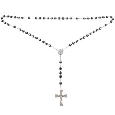 Stainless Steel Pendant Necklace Silver Black Virgin Mary Jesus Christ Crucifix Cross Rosary Vintage Retro 26 Inch Chain Man Woman