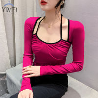 YIMEI เสื้อยืดผู้หญิง2023ใหม่ฤดูใบไม้ร่วง,เสื้อคอกลมแขนสั้นห้อยคอสี่เหลี่ยมเสื้อขนาดเล็กแฟชั่นเข้ารูปพอดีสีแดงกุหลาบ