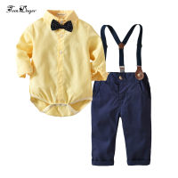 Boys Clothing Set Baby Infant Boy Clothes Suit Cotton Yellow Tie Shirts Overalls 2PCS Gentleman Outfits Sets Bebes Clothes Set