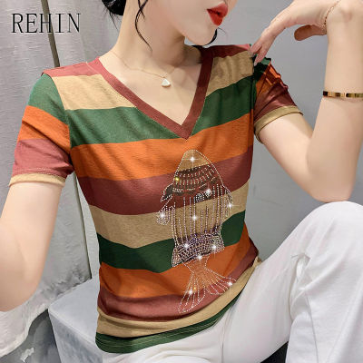 REHIN ผู้หญิงฤดูร้อนใหม่บางส่วนลายตรวจสอบ V คอสั้นเสื้อยืด Slim Thin Elegant เสื้อ