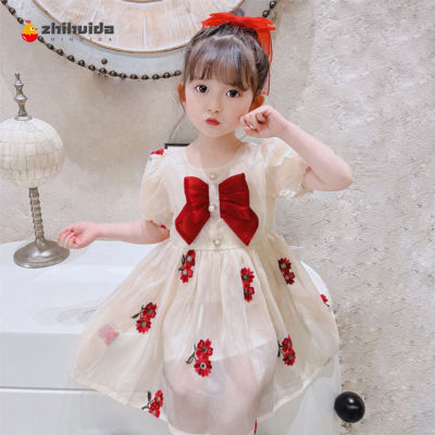 Zhihuida Girls Bow Bubble Sleeve Dress Sweet Floral Dress Princess Dress