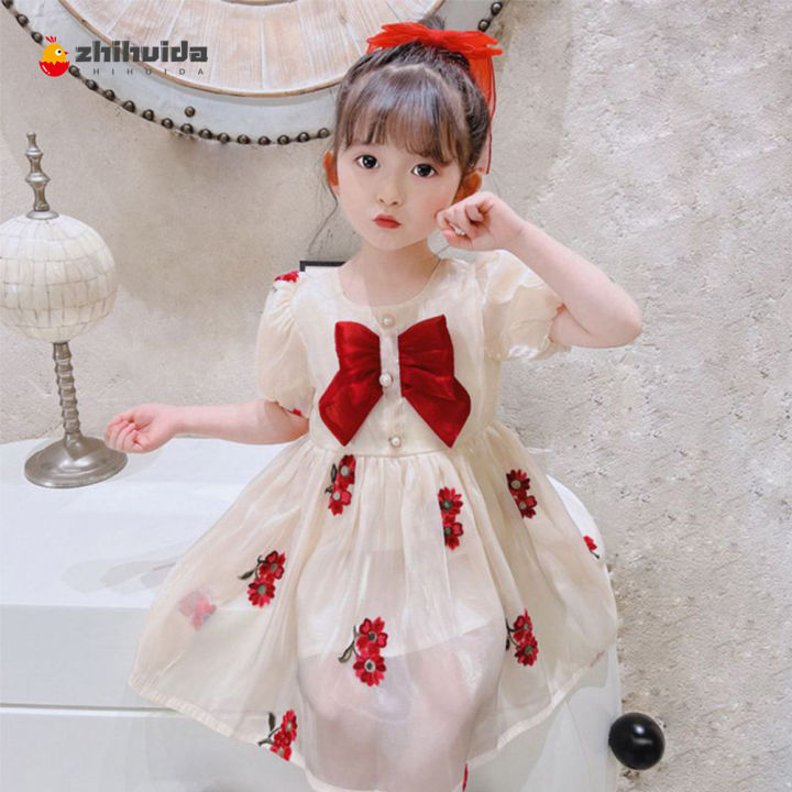 zhihuida-girls-bow-bubble-sleeve-dress-sweet-floral-dress-princess-dress