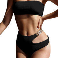 ผู้หญิงเซ็กซี่2ชิ้นชุดบิกินี่ Bandeau Ribbed ชุดว่ายน้ำ Cutout เอวโซ่ Beachwear