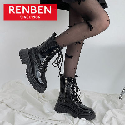 RENBEN รองเท้าบูท Martin เพิ่มความสูงส้นหนาสำหรับผู้หญิง,รองเท้าบู้ทแฟชั่นอเนกประสงค์ย้อนยุคสวยหวานเย็น Sepatu BOOT Pendek