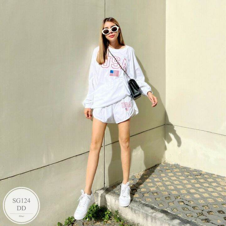 ml124-usa-sweater-short-set-เซทเสื้อสเวตเตอร์-ใส่ซกแขนและชายเสื้อ-มาพร้อมกางเกงขาสั้นทรงบาร์บี้-สกรีน-usa-ทั่งตัวเสื้อและขากางเกง-ดีไซน์สวย-เนื้อผ้าดี-ใส่สบาย-กางเกงมีกระเป๋าล้วงข้าง-สามารถใส่ไปเที่ยว