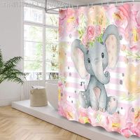 【CW】✖  Baby Elephant Shower Curtain， Watercolor Pink Flowers Stripes for Kids Decor，with Hooks Curtain Sets