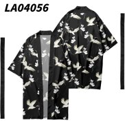 1 Kimono nhật bản Áo Cardigan in hình sếu đen có thắt lưng nam nữ mùa hè