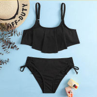 Solid Black Flounce Girl Swimsuit Kids Two Piece Childrens Swimwear Tie Side Bikini Set 7-14 Years Girls Bathing Suit Beachwear