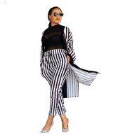 [COD] European and cross-border AliExpress womens suit with belt cape black white striped cardigan long-sleeved trousers two-piece set